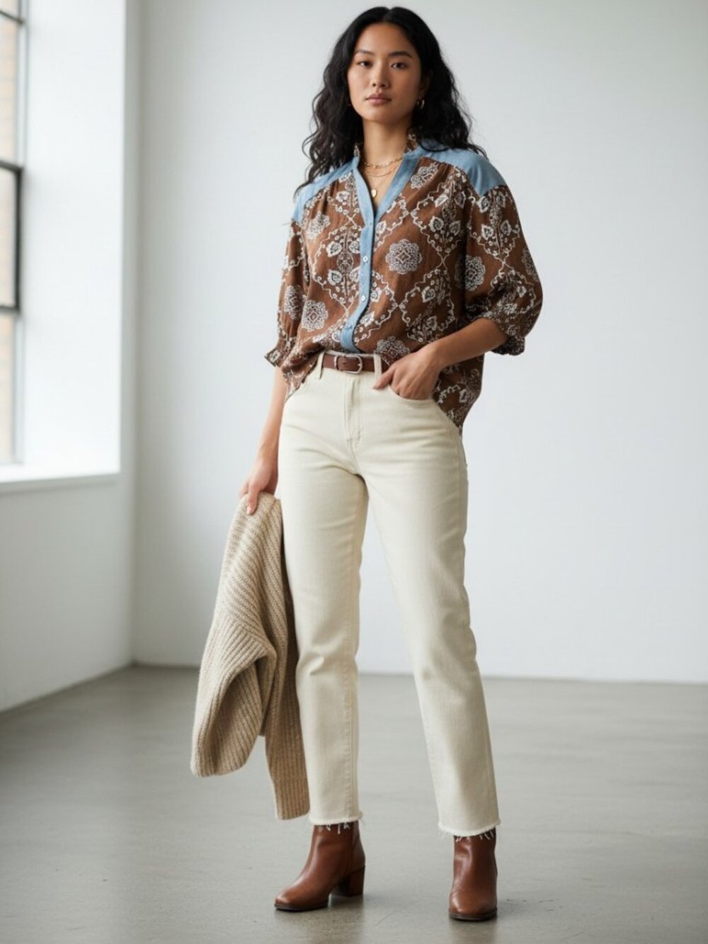 THML Rust Boho NWTSouthwestern Print Blouse Denim Trim Button Front Top Sz M